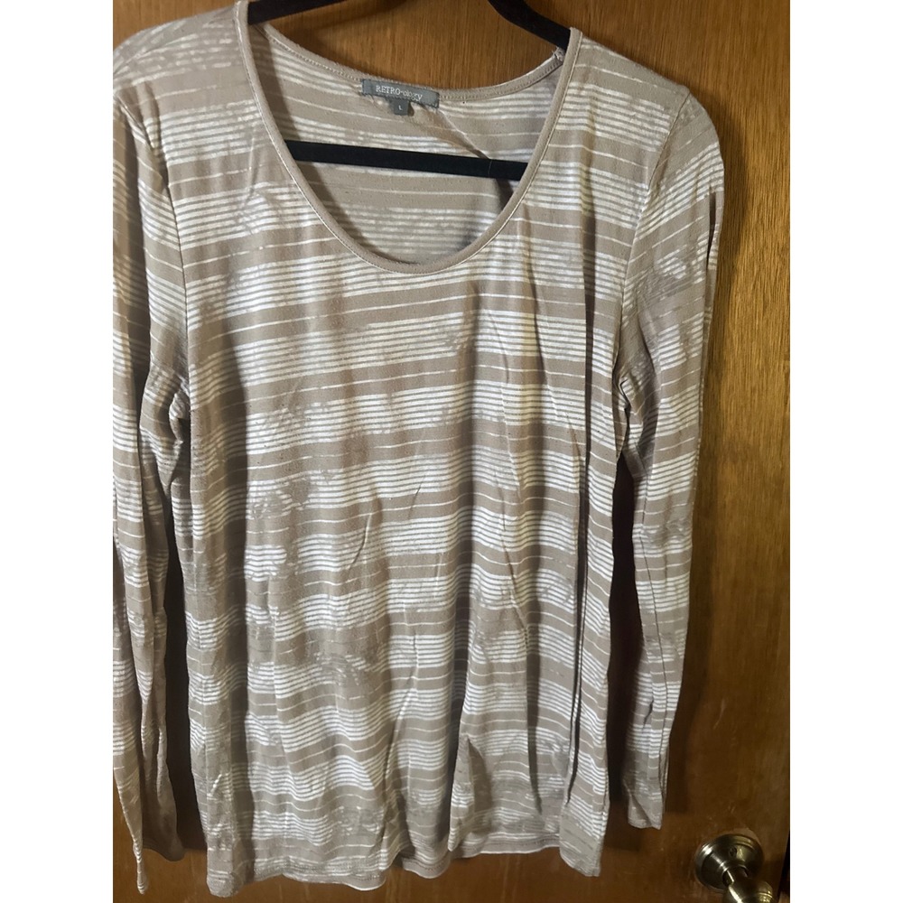 Retro-ology Womens Tan White Striped Long Sleeve Scoop Neck Burnout Top Large